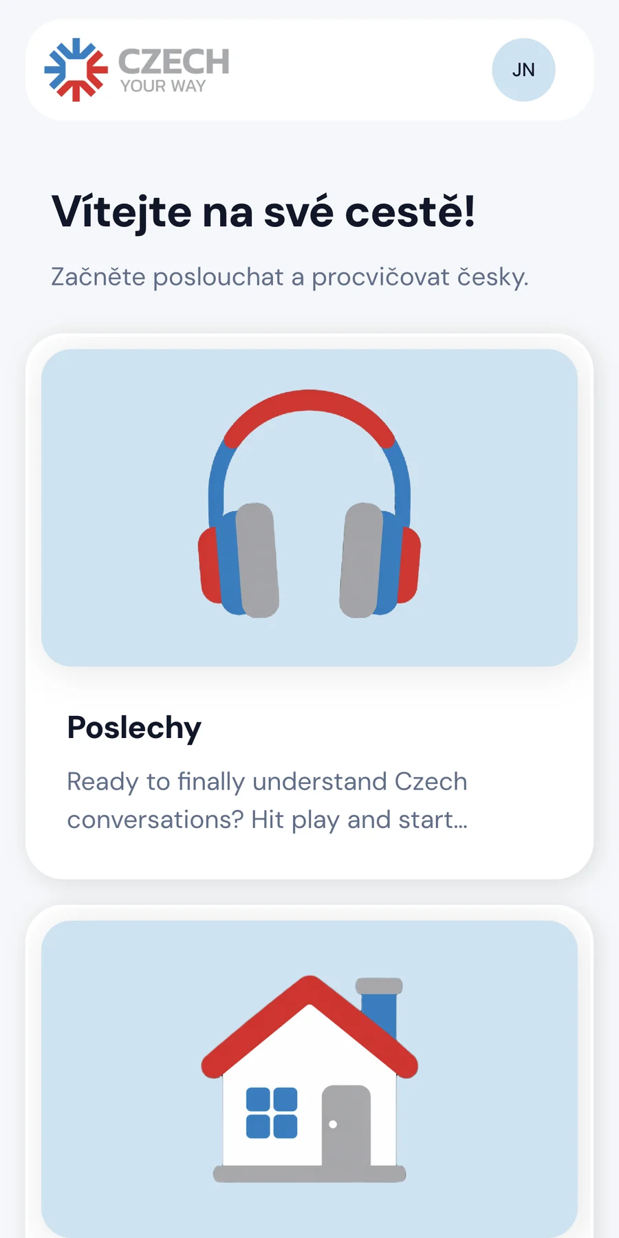 A walkthrough of the Czech Your Way app: opening Poslechy, picking a voice message, and answering its listening exercise